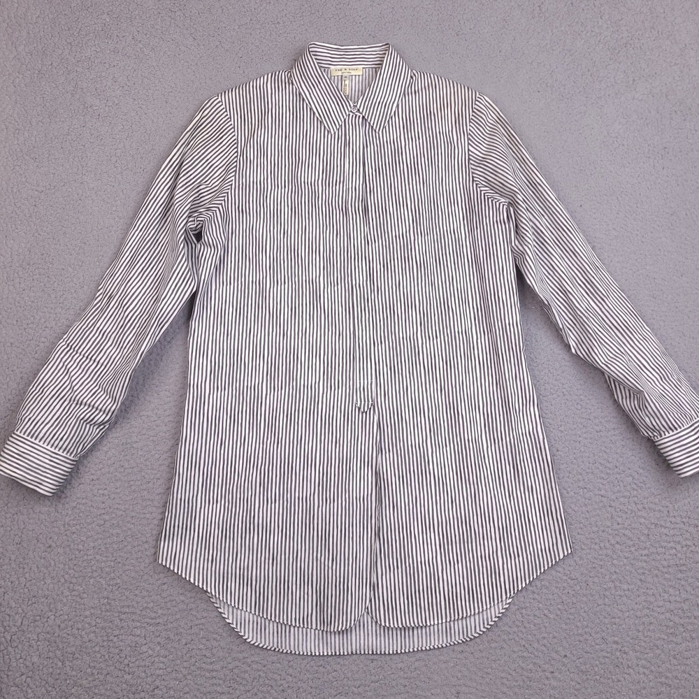 Rag & Bone Shirt‎ Womens Medium Gray White Striped Hidden Button Down Cotton
